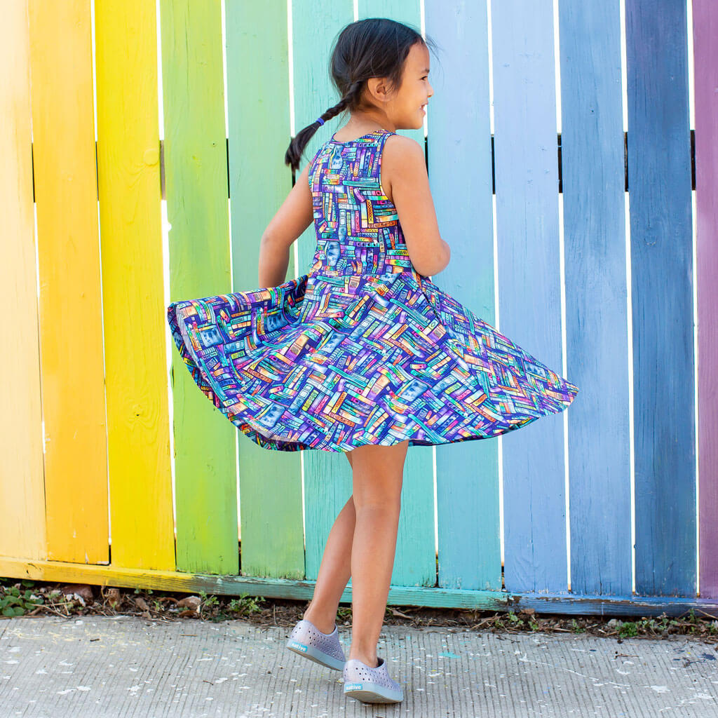 Princess Awesome & Boy Wonder "Lost in the Stacks" Books Sleeveless Play Dress with Pockets — detail shot 8