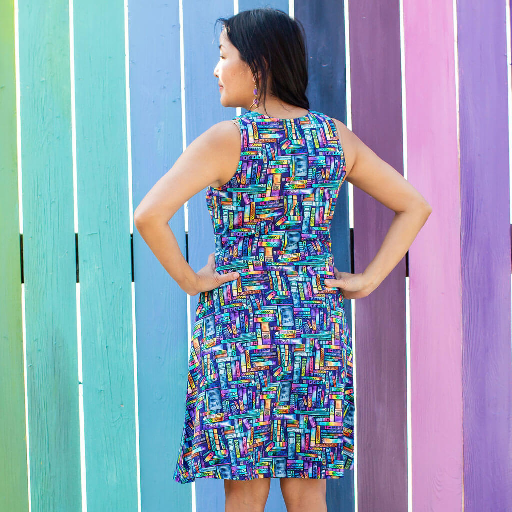 Princess Awesome & Boy Wonder "Lost in the Stacks" Adult Books Sleeveless Dress with Pockets — detail shot 6