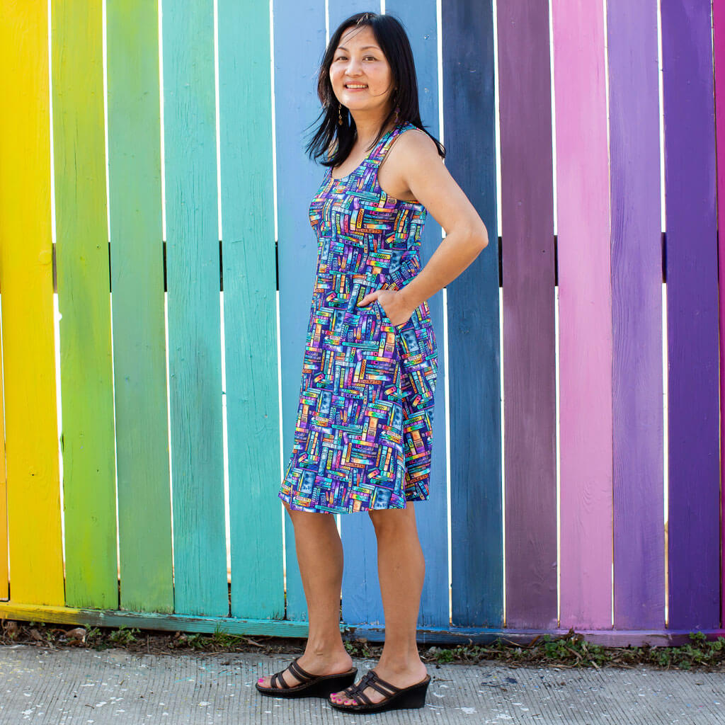Princess Awesome & Boy Wonder "Lost in the Stacks" Adult Books Sleeveless Dress with Pockets — detail shot 7