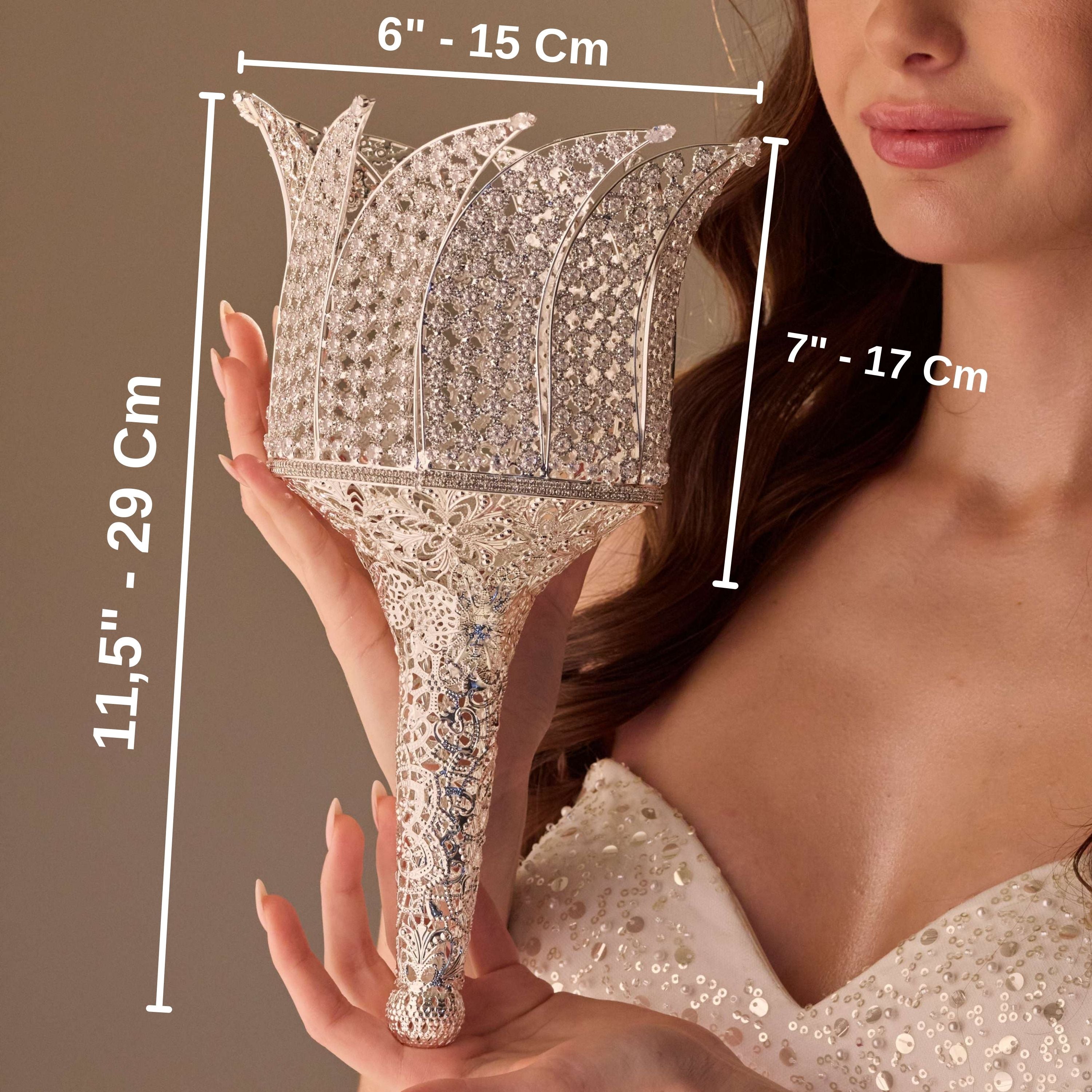Luxury Quinceañera & Wedding Bouquet Holder – Silver Carved Flowers & Crystal Stones – Bridal Port, view 7