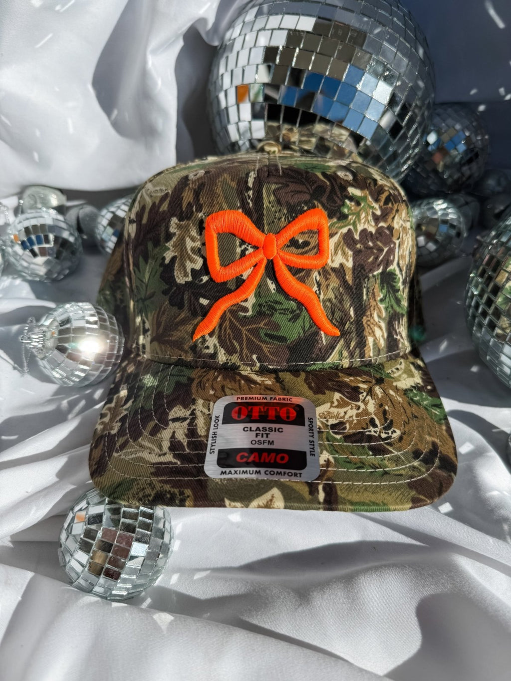 Coco & Rho Bow Camo- Trucker Hat Bright Orange — main product shot