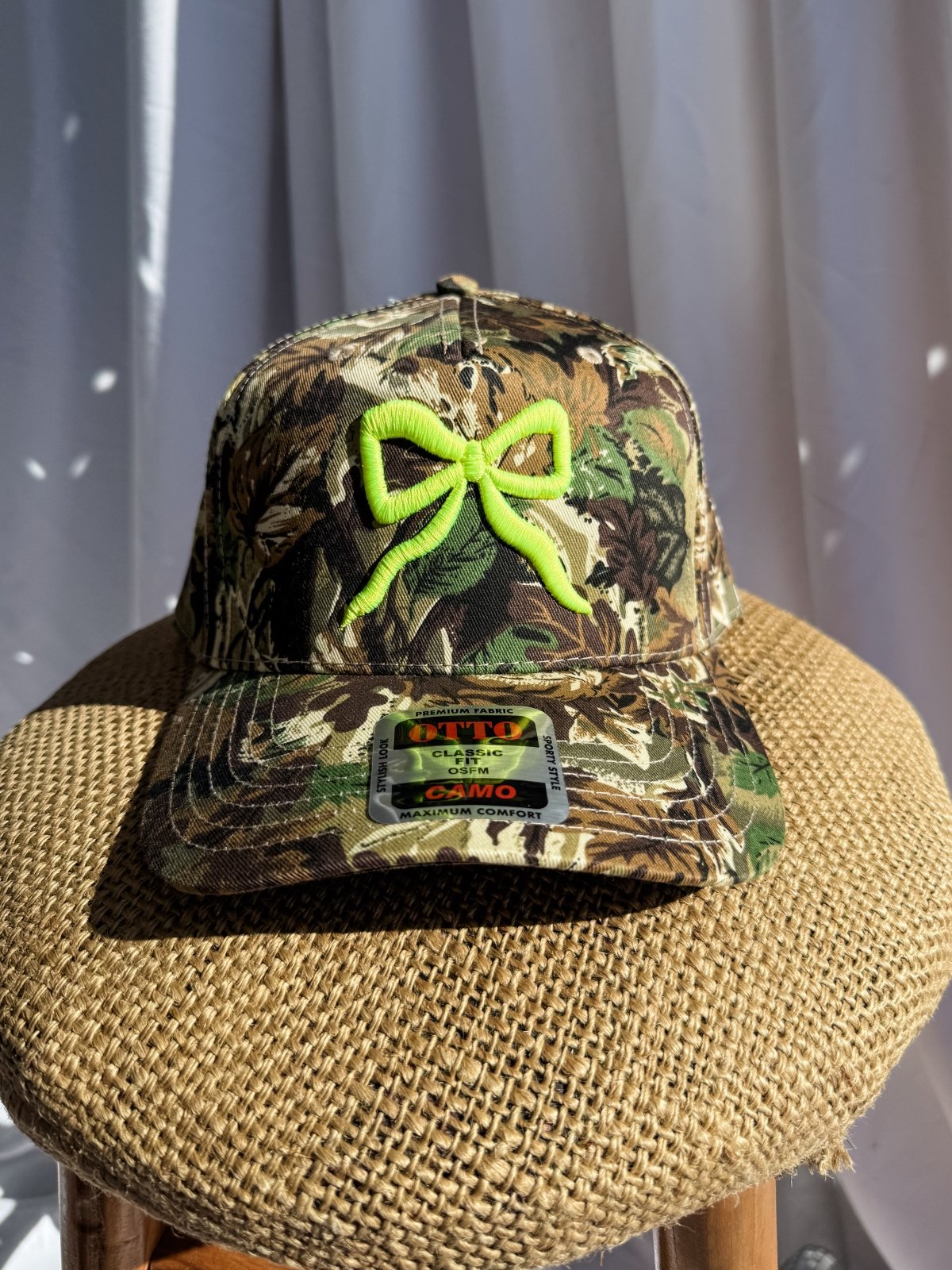Coco & Rho Bow Camo- Trucker Hat Yellow — detail close-up