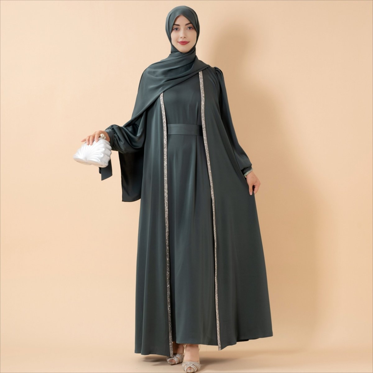 Mariam's Collection Bow Tie Sleeve Abaya Set With Long-sleeve Inner Dress (MOA026) — Mariam's Collection branding close-up