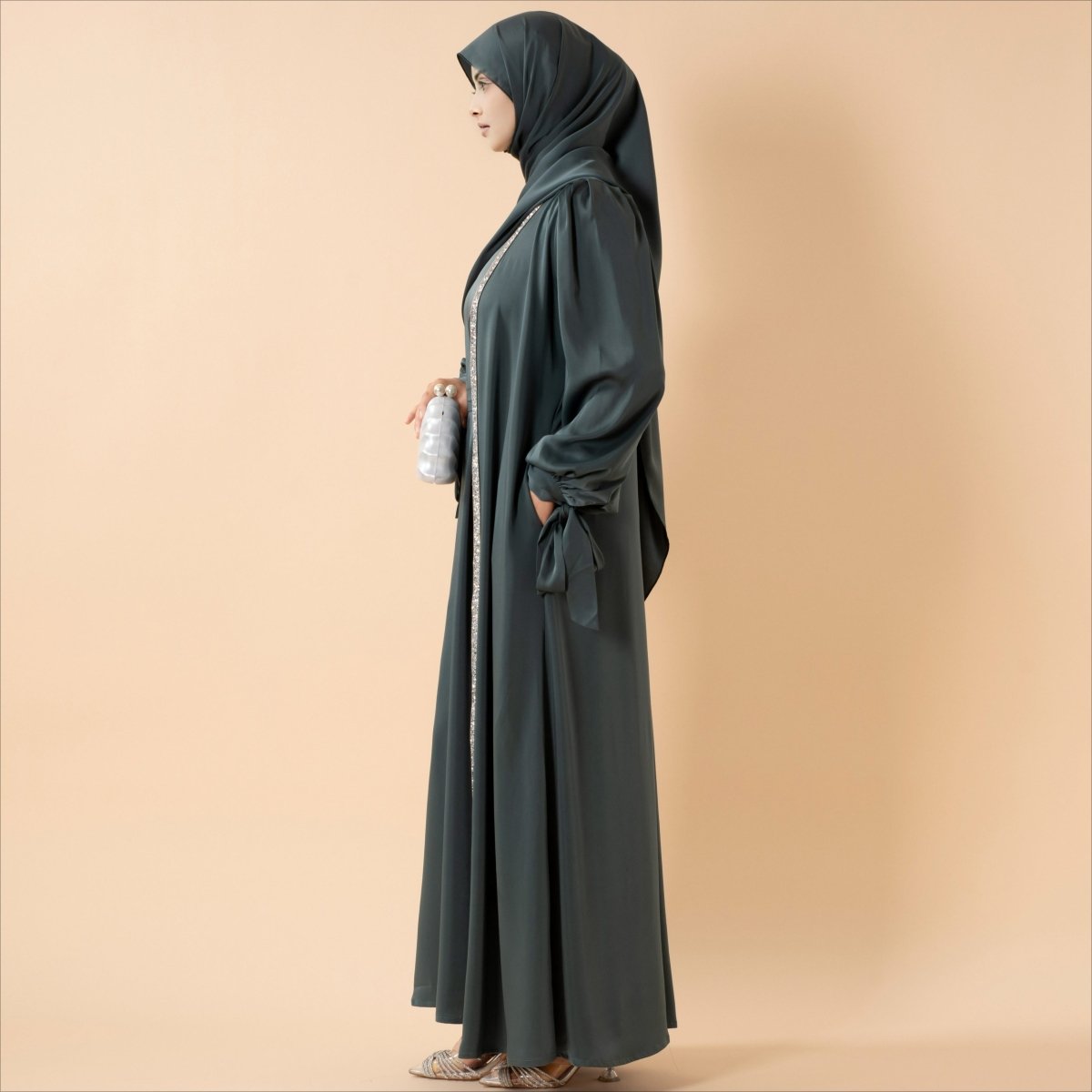 Mariam's Collection Bow Tie Sleeve Abaya Set With Long-sleeve Inner Dress (MOA026) — detail close-up