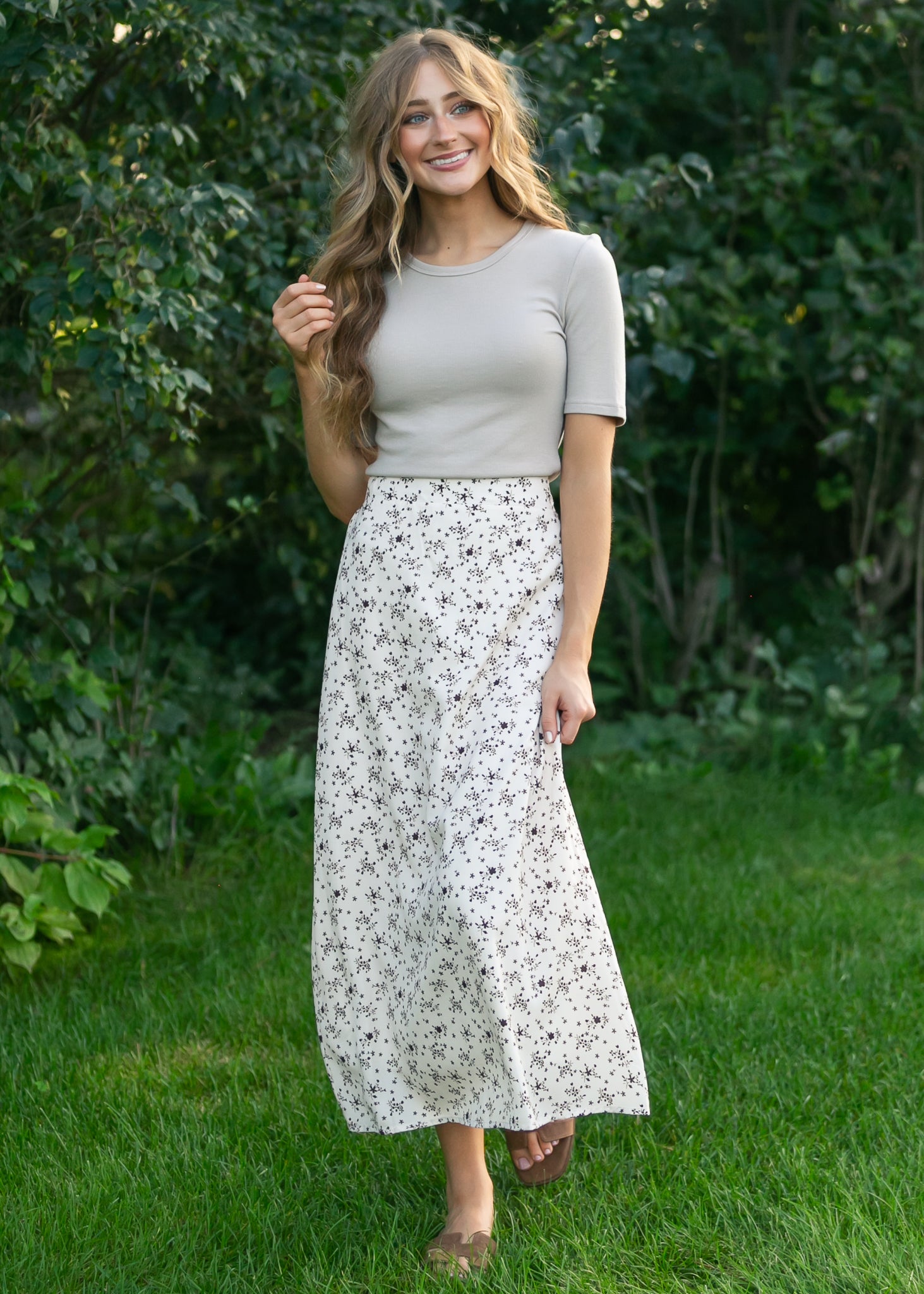 Inherit Co. Braylyn Brown Floral Midi Skirt — comparison shot