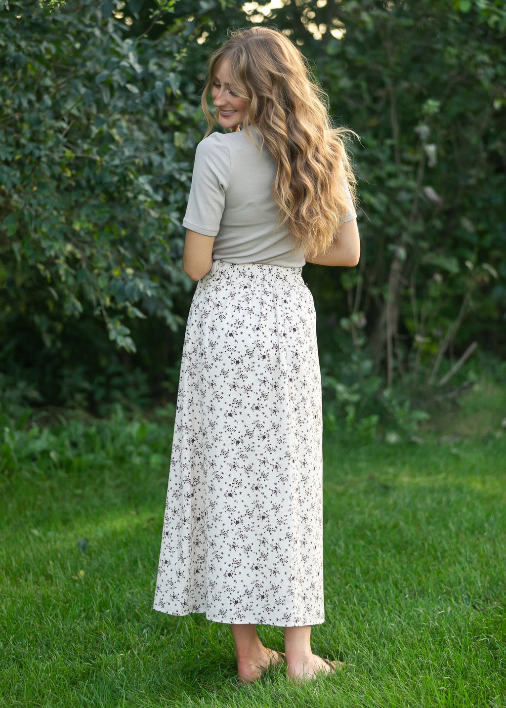 Inherit Co. Braylyn Brown Floral Midi Skirt — in-use photo