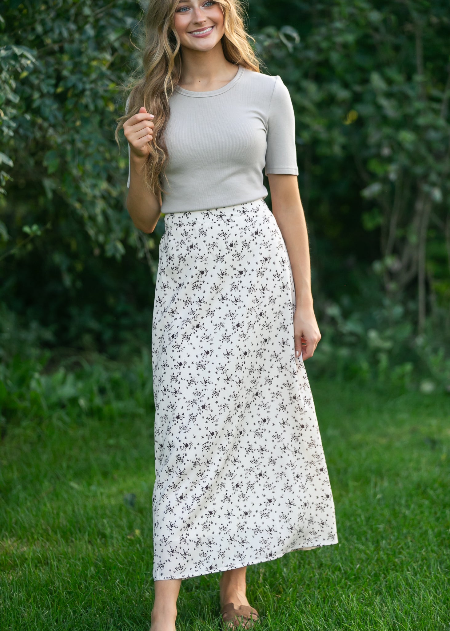 Inherit Co. Braylyn Brown Floral Midi Skirt — back view