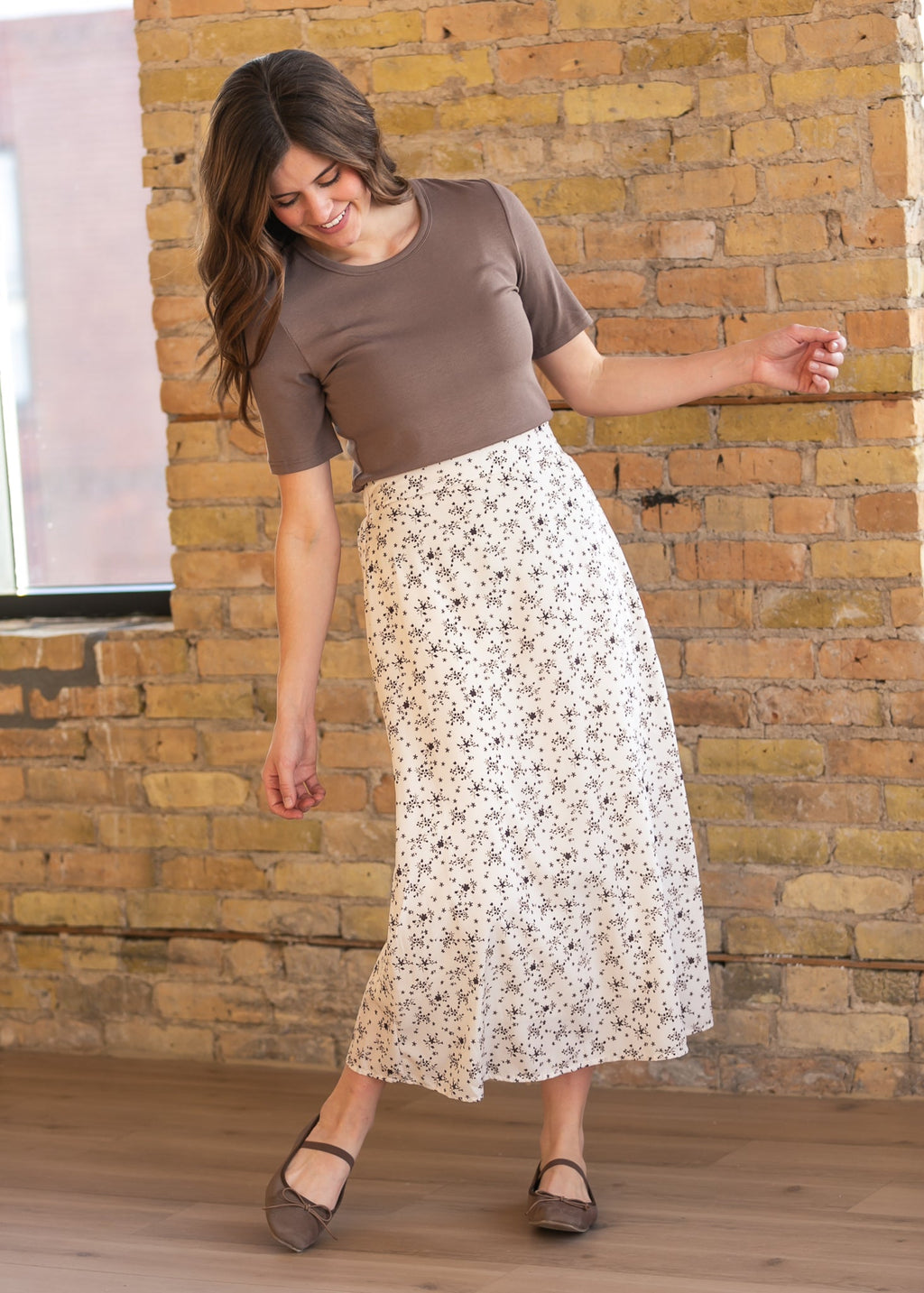 Inherit Co. Braylyn Brown Floral Midi Skirt — comparison shot