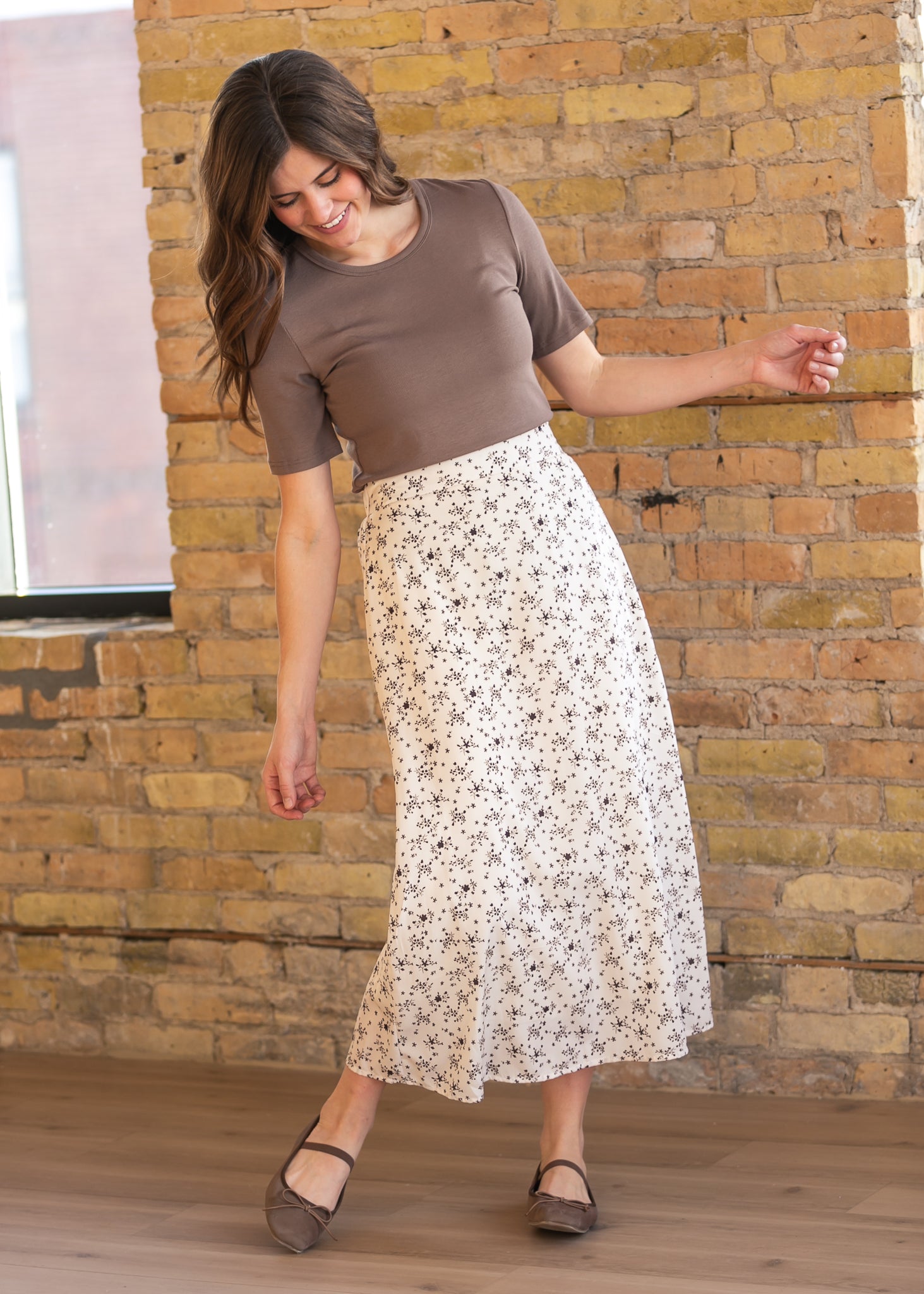 Inherit Co. Braylyn Brown Floral Midi Skirt — comparison shot
