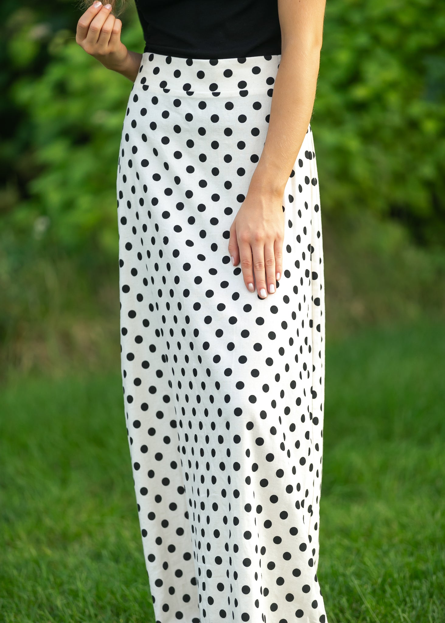 Inherit Co. Braylyn Polka Dot Maxi Skirt — in-use photo