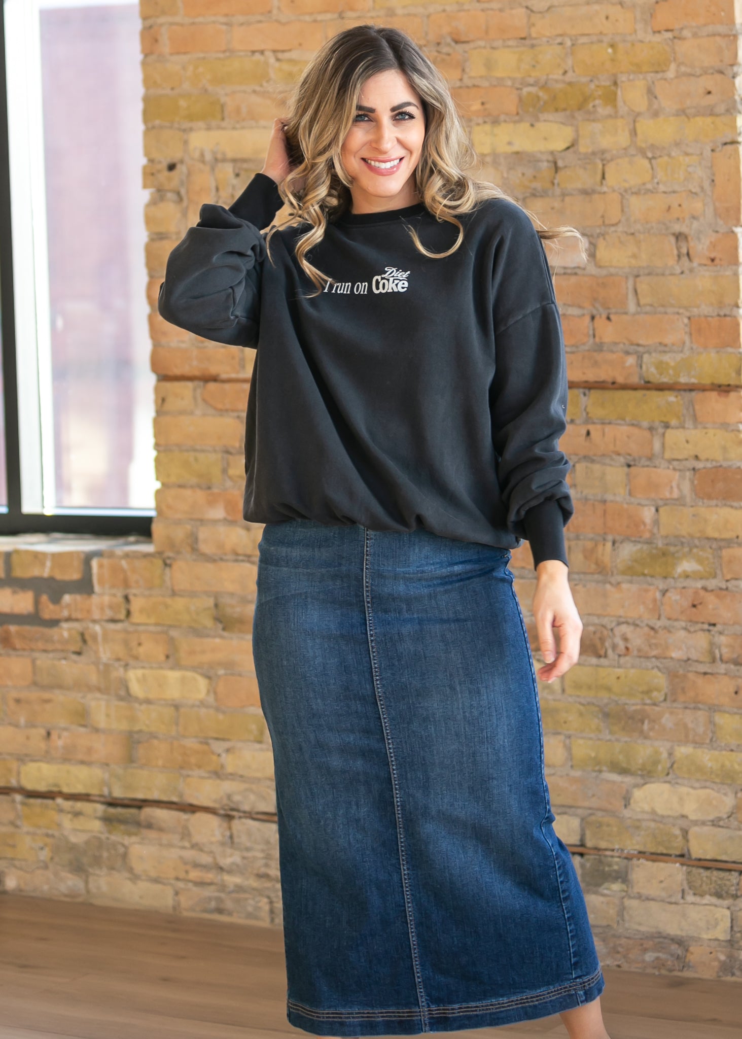 Inherit Co. Bria Dark Wash Denim Maxi Skirt — in-use photo