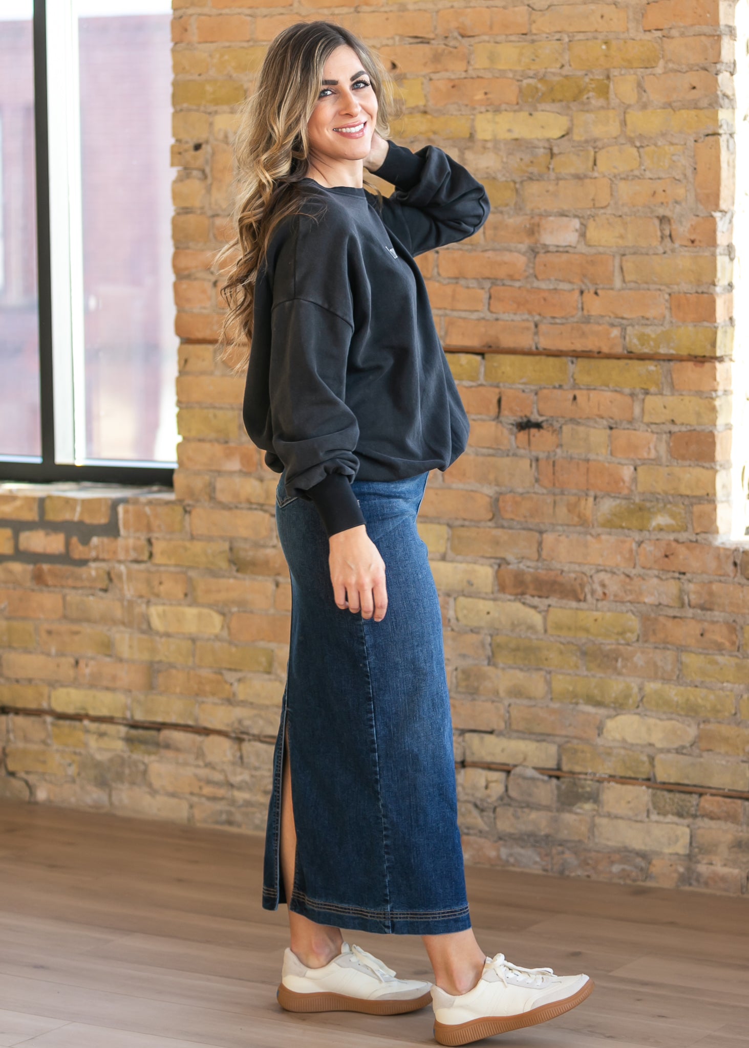 Inherit Co. Bria Dark Wash Denim Maxi Skirt — back view