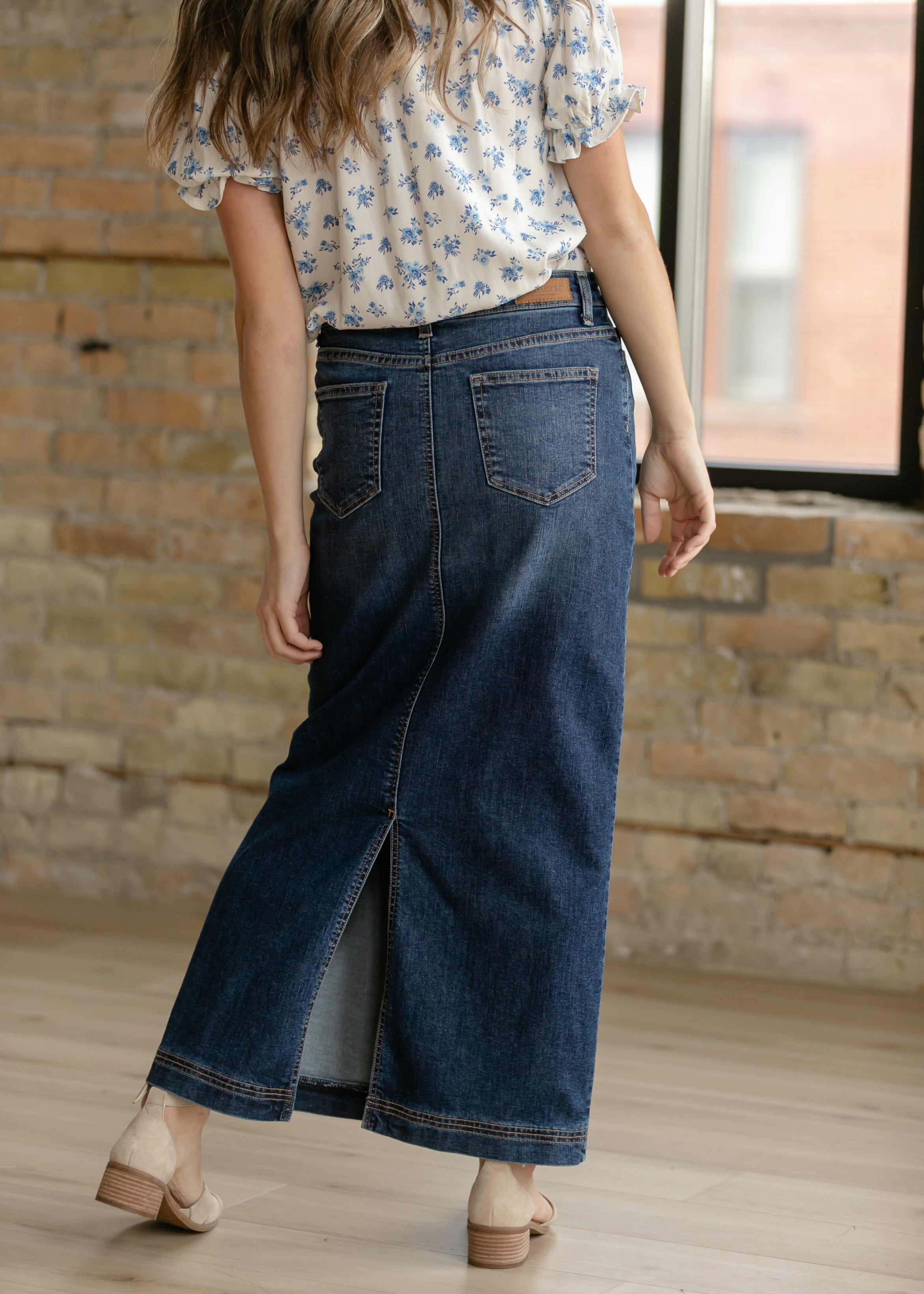 Inherit Co. Bria Dark Wash Denim Maxi Skirt — side view