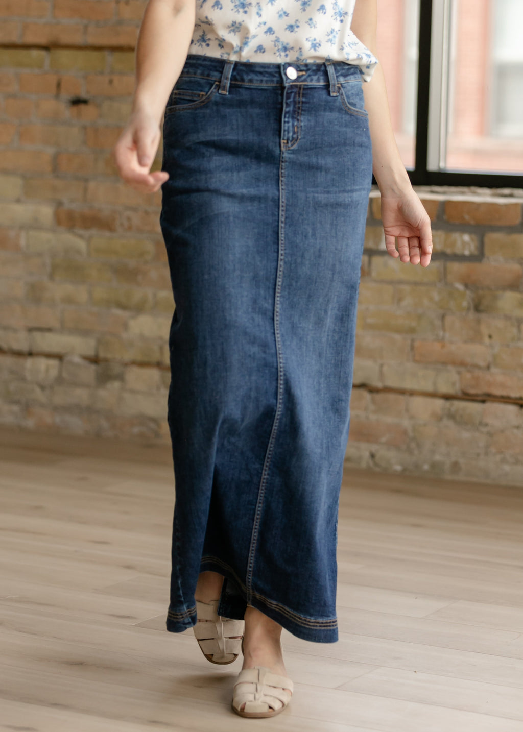 Inherit Co. Bria Dark Wash Denim Maxi Skirt — detail close-up