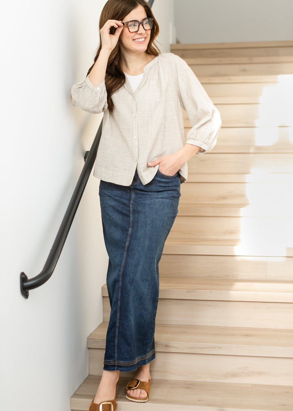 Inherit Co. Bria Dark Wash Denim Maxi Skirt — fabric or material detail