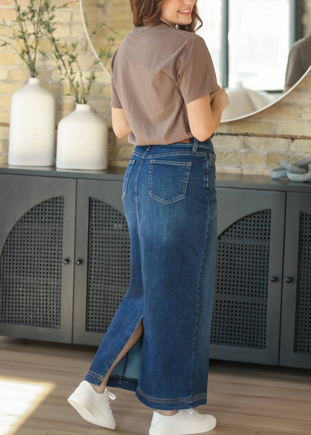 Inherit Co. Bria Dark Wash Denim Maxi Skirt — lifestyle context