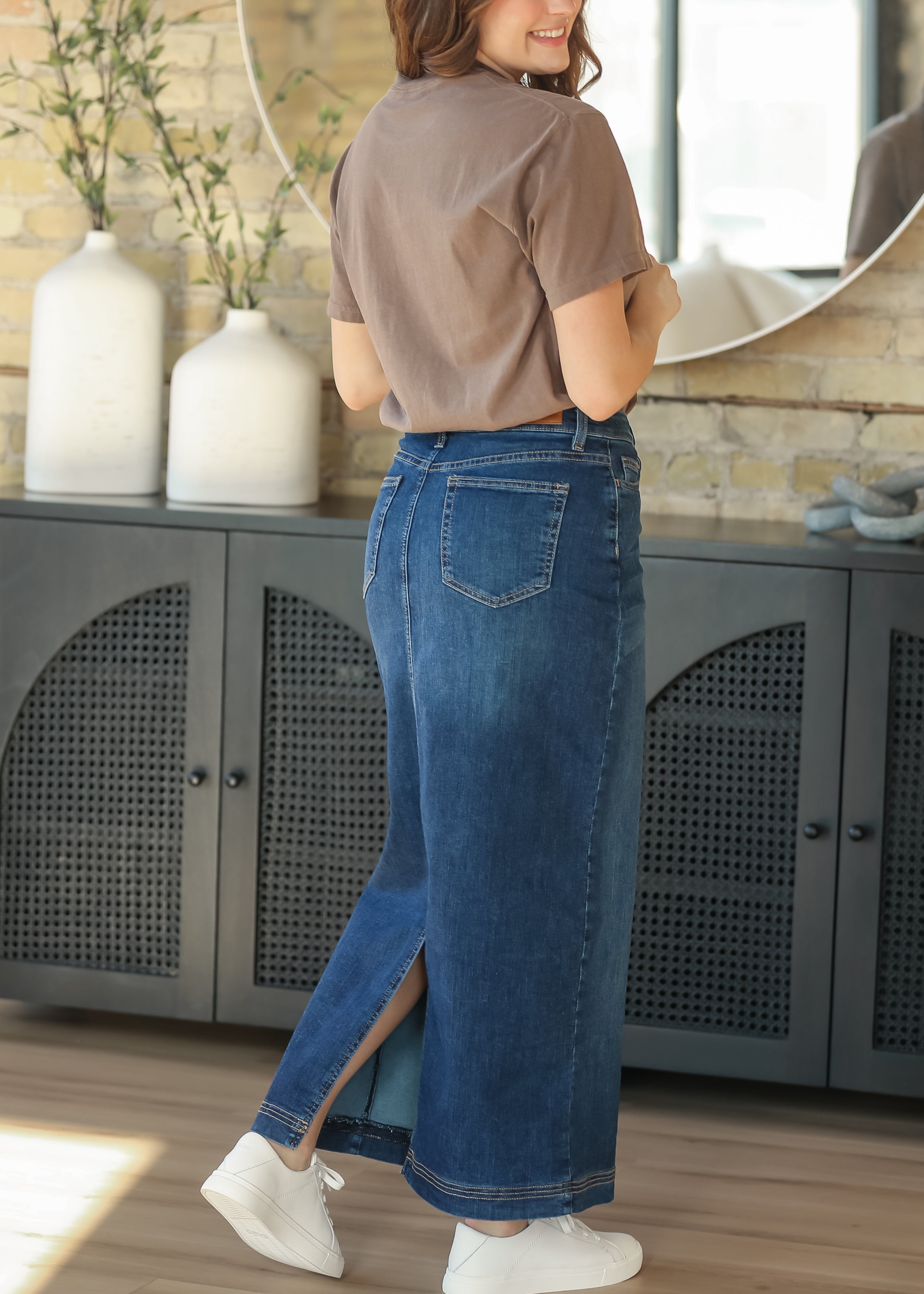 Inherit Co. Bria Dark Wash Denim Maxi Skirt — lifestyle context