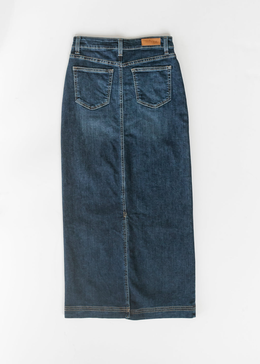 Inherit Co. Bria Dark Wash Denim Maxi Skirt — size reference