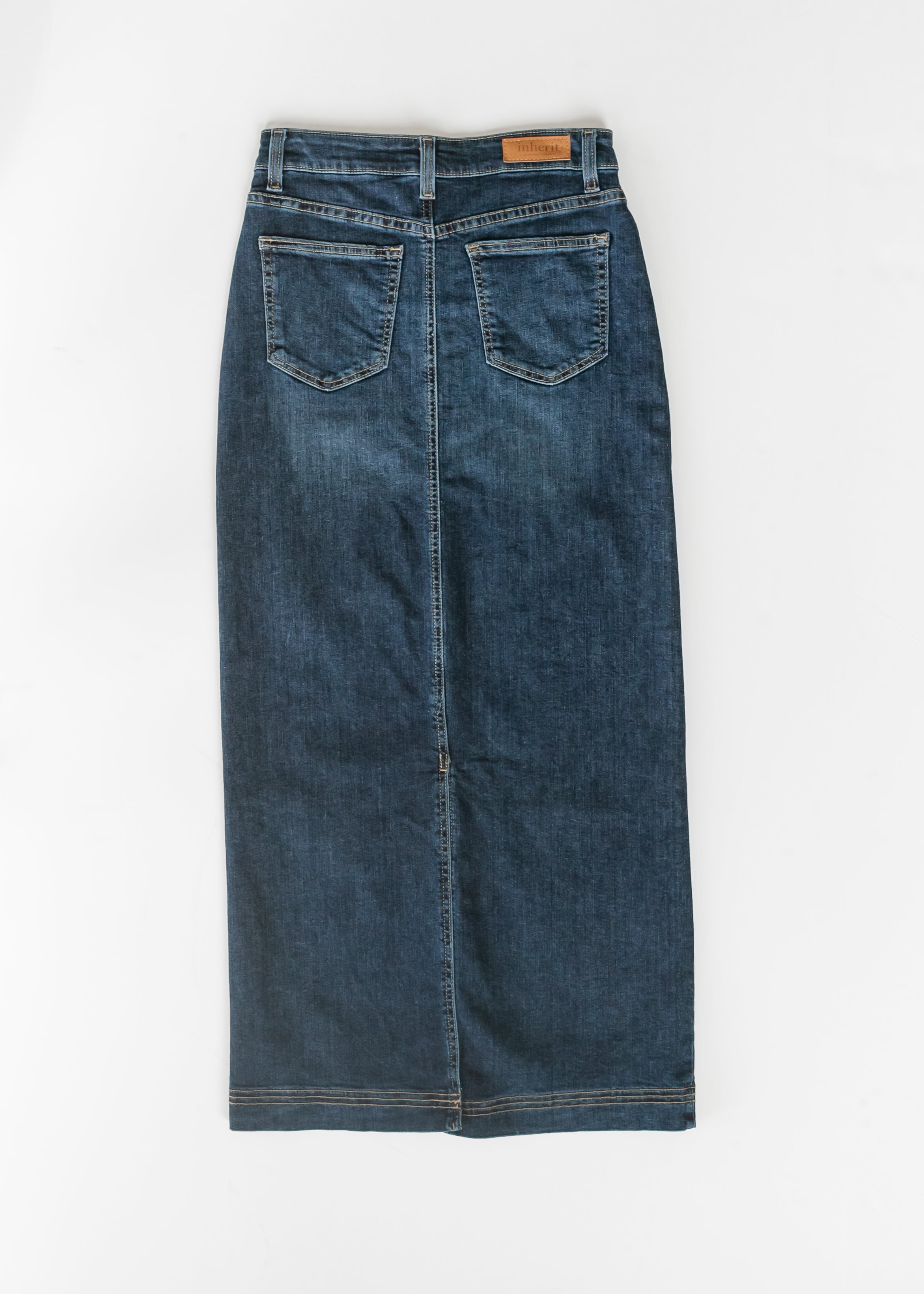 Inherit Co. Bria Dark Wash Denim Maxi Skirt — size reference