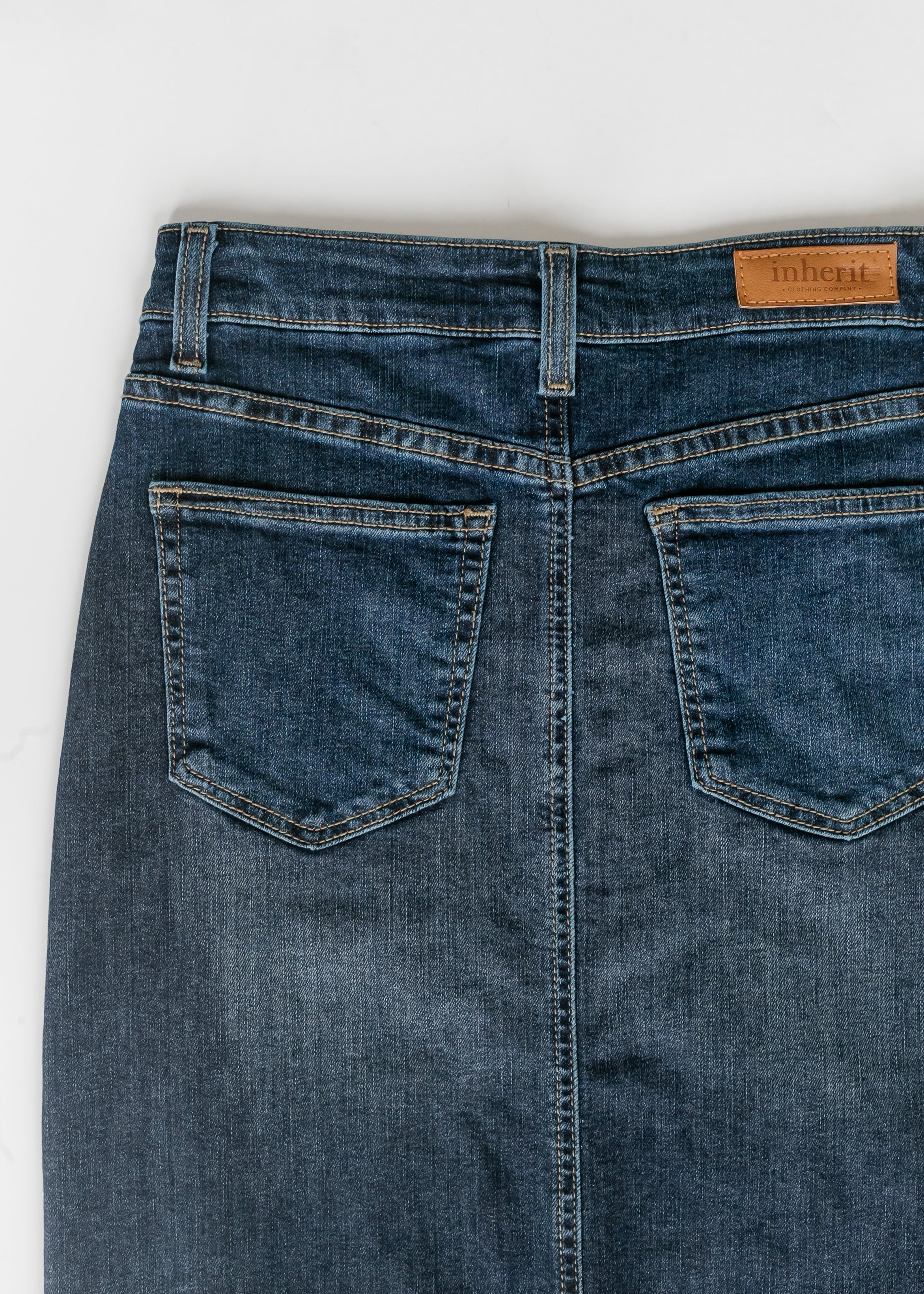 Inherit Co. Bria Dark Wash Denim Maxi Skirt — color detail