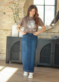 Inherit Co. Bria Dark Wash Denim Maxi Skirt — detail close-up