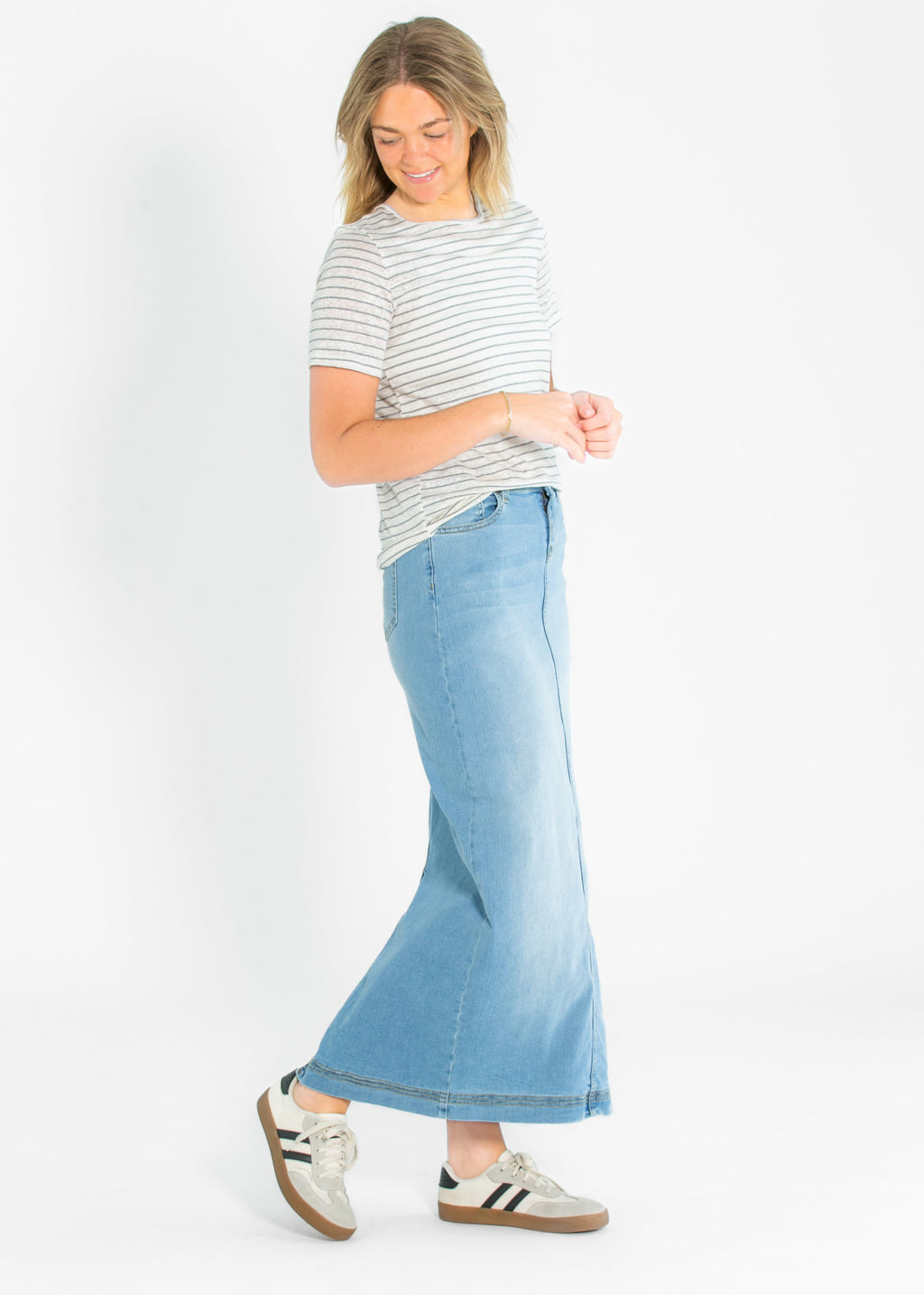 Inherit Co. Bria Light Wash Denim Maxi Skirt — fabric or material detail