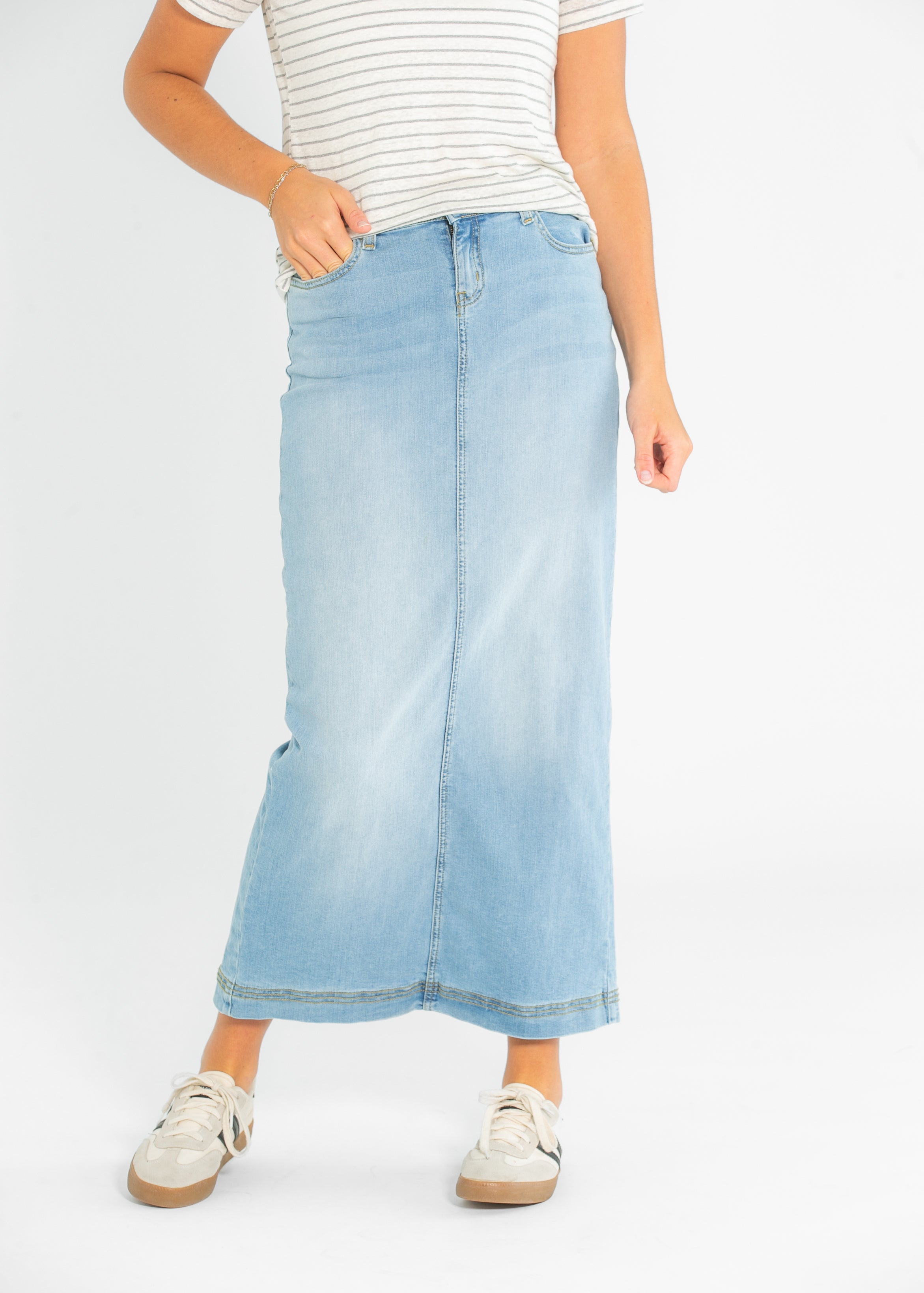 Inherit Co. Bria Light Wash Denim Maxi Skirt — comparison shot