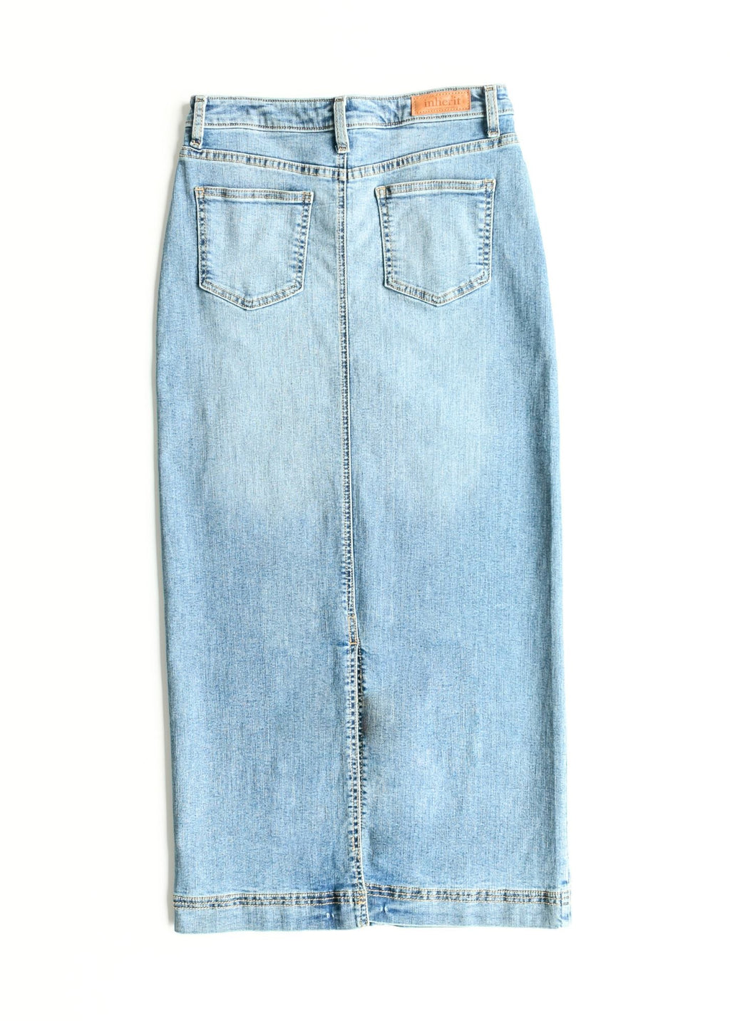 Inherit Co. Bria Light Wash Denim Maxi Skirt — product on model