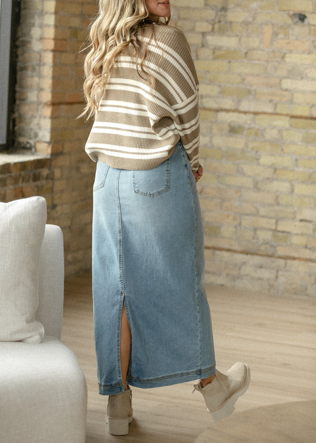 Inherit Co. Bria Light Wash Denim Maxi Skirt — color detail