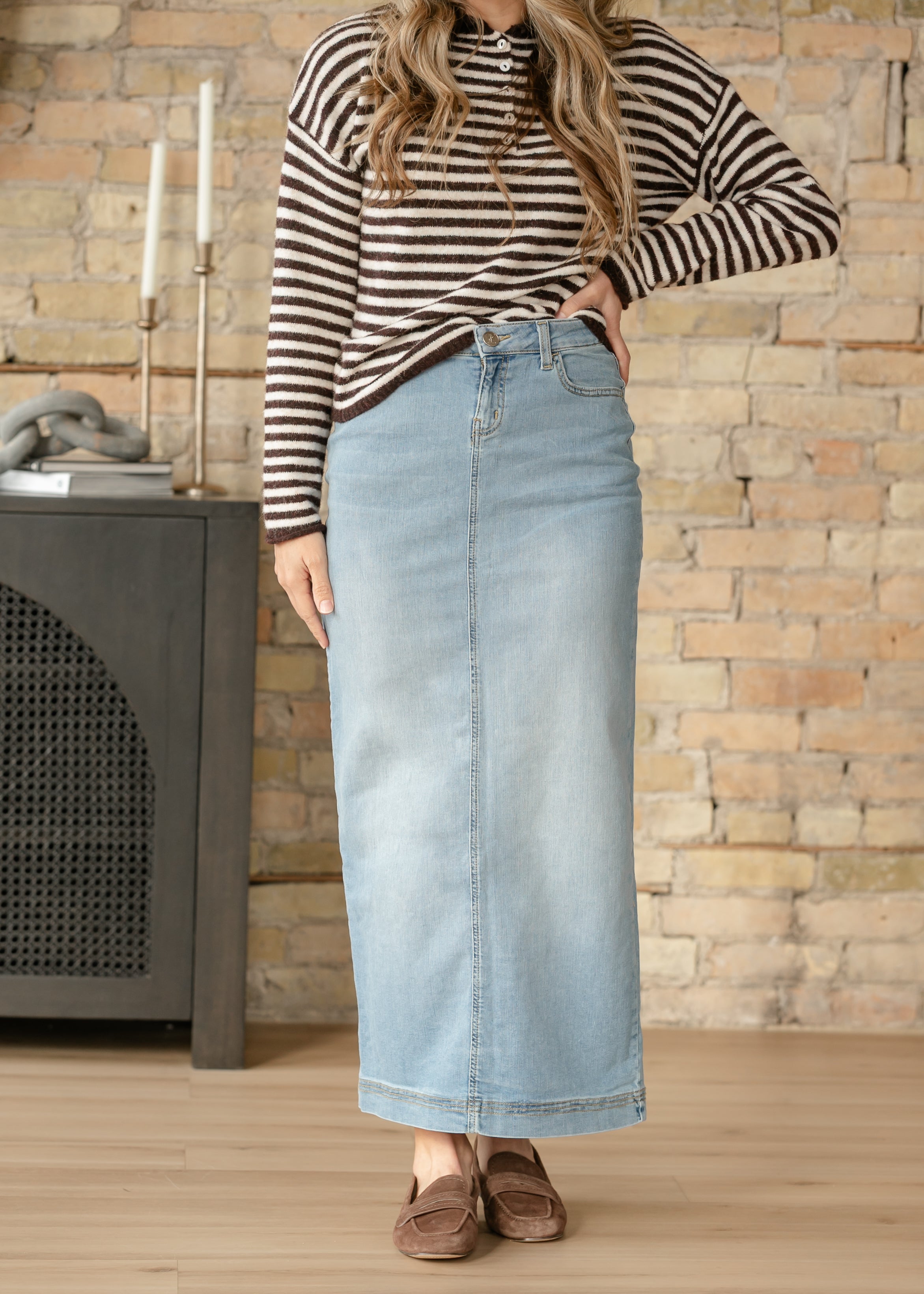 Inherit Co. Bria Light Wash Denim Maxi Skirt — main product shot