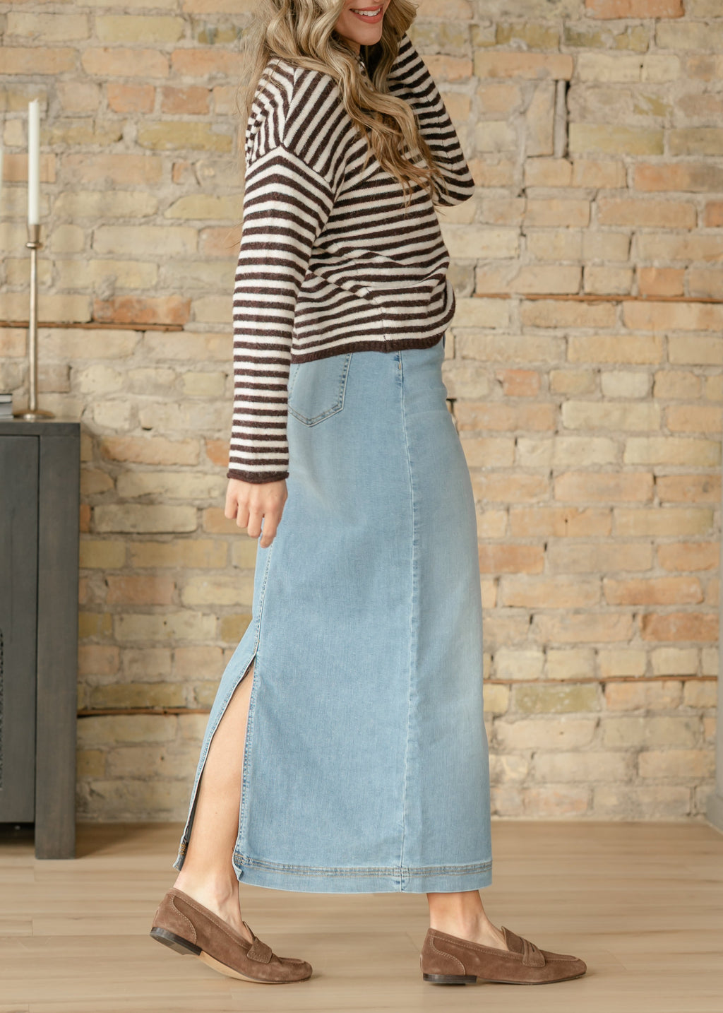 Inherit Co. Bria Light Wash Denim Maxi Skirt — detail close-up
