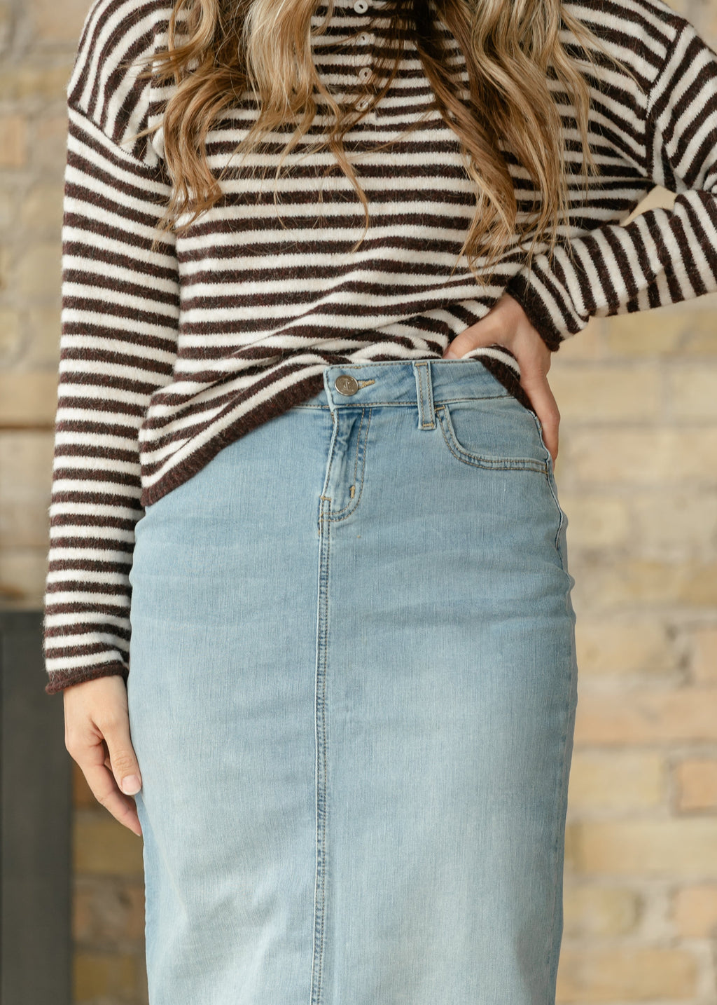 Inherit Co. Bria Light Wash Denim Maxi Skirt — back view