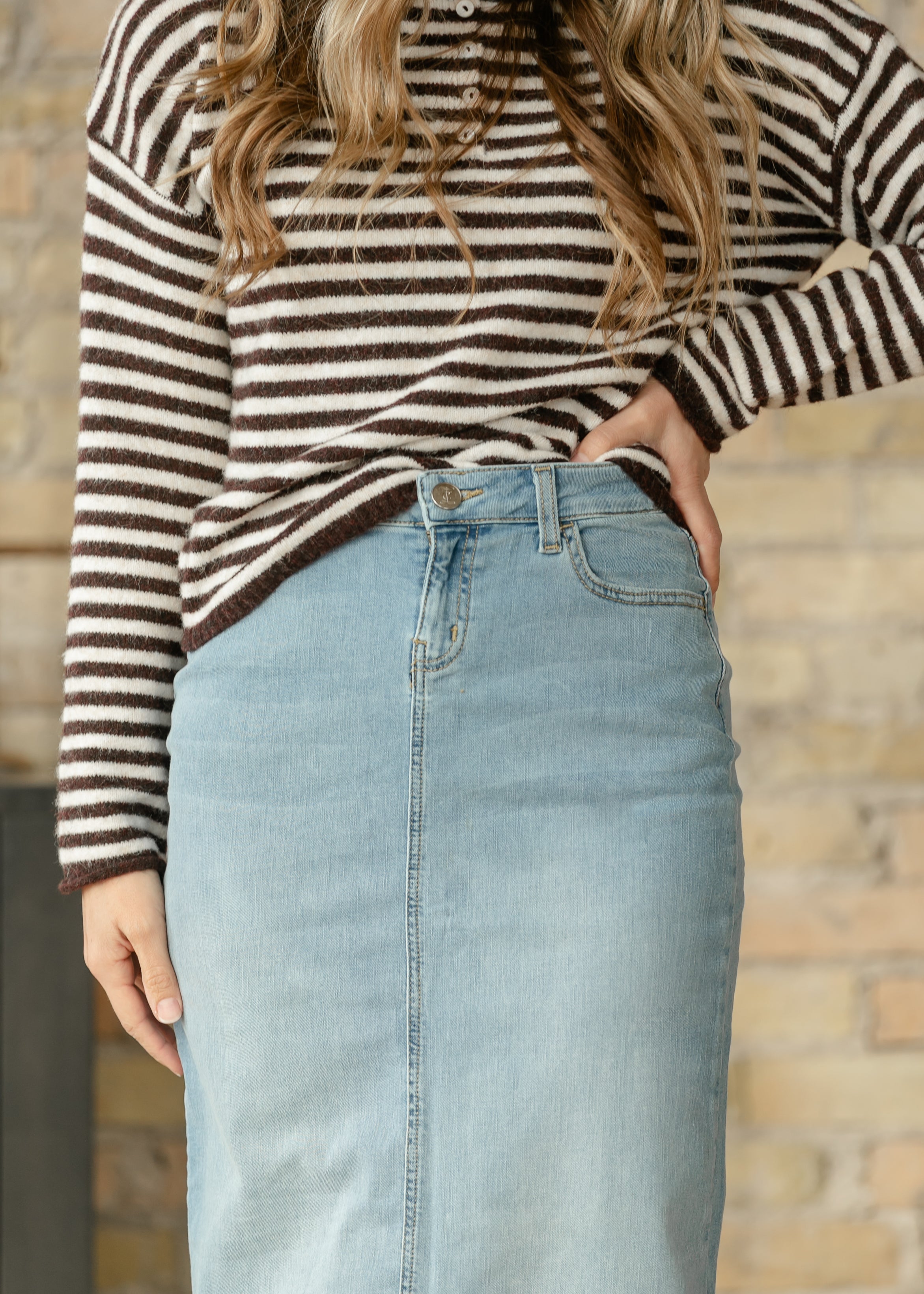 Inherit Co. Bria Light Wash Denim Maxi Skirt — back view