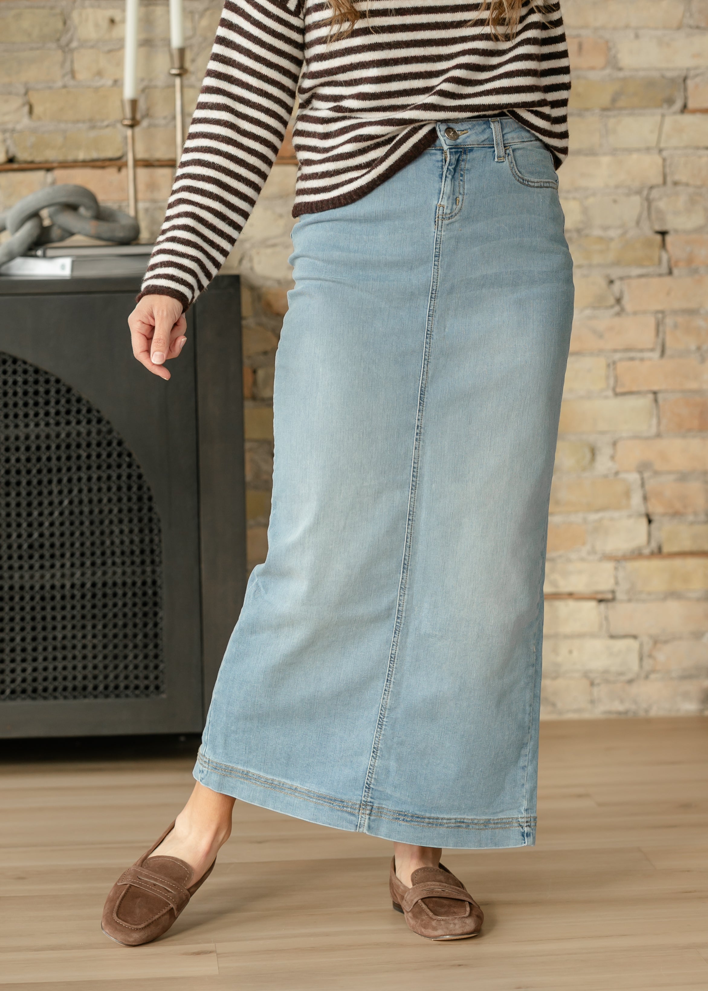 Inherit Co. Bria Light Wash Denim Maxi Skirt — lifestyle context