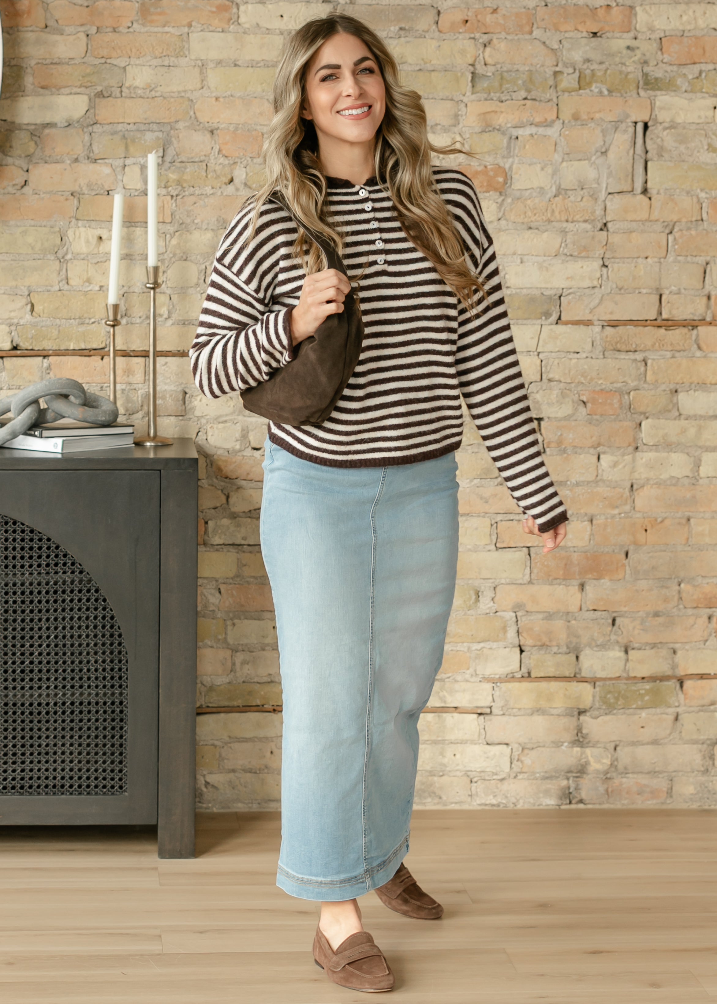 Inherit Co. Bria Light Wash Denim Maxi Skirt — side view