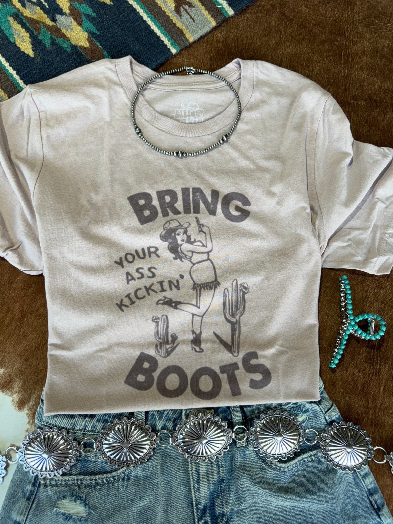 Wild Junkie Bring Your Ass Kickin Boots Graphic Tee — detail close-up