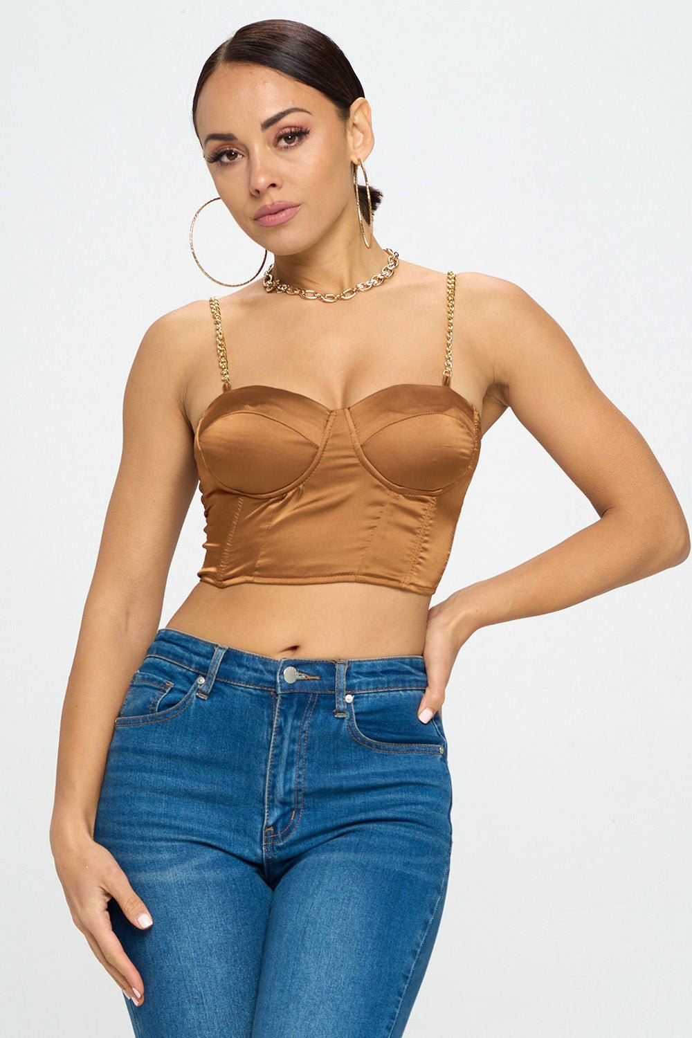 Brittney Gold Chain Strap Satin Solid Bustier Crop Top