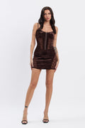 Brown Crushed Velvet Lace Contrast Mini Dress | Trendy Bodycon Party Dress