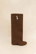 Brown Suede Knee-High Boots with Silver Lock Detail – Luxe Minimalist Edge