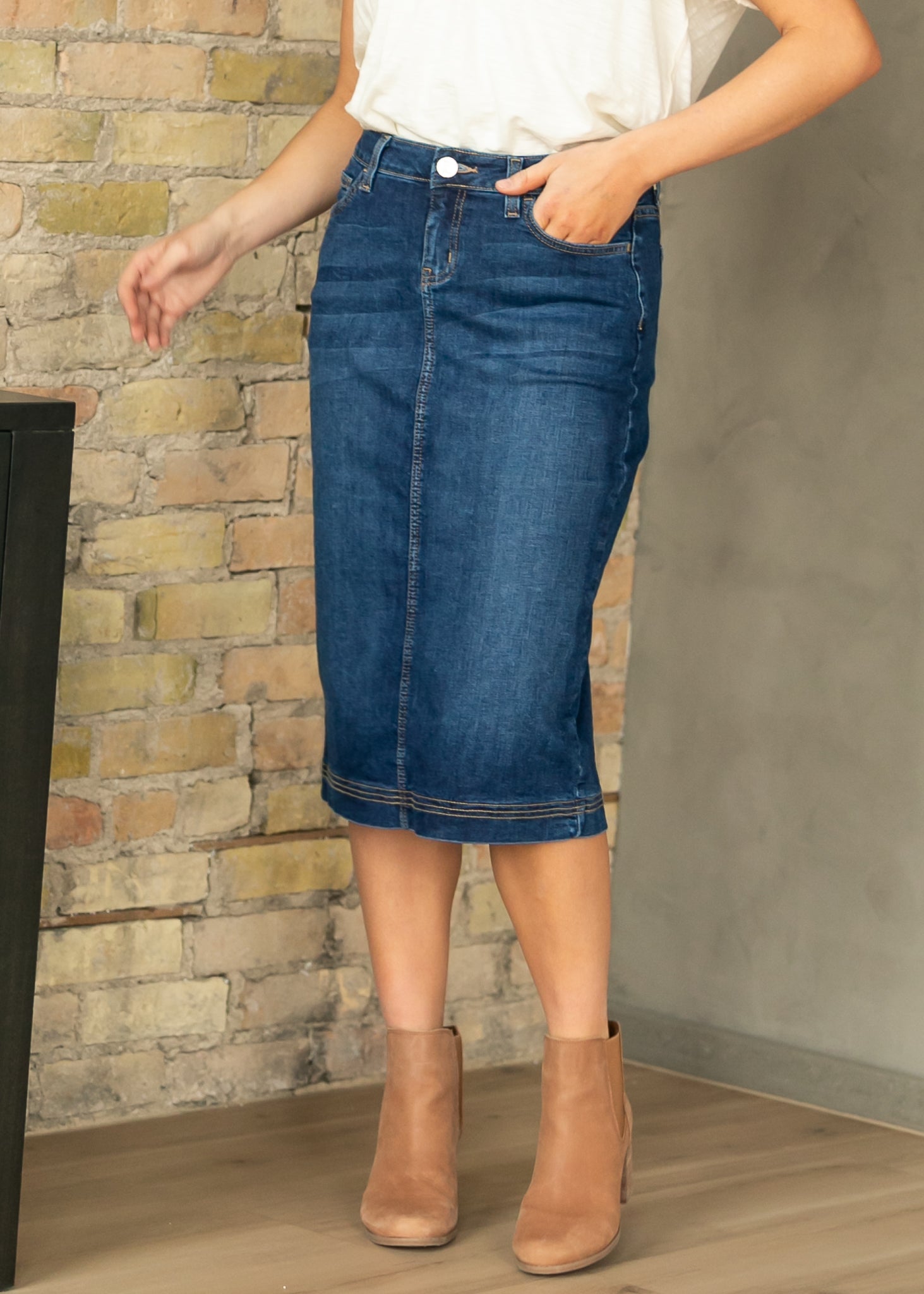 Inherit Co. Bryn Dark Wash Denim Midi Skirt — side view
