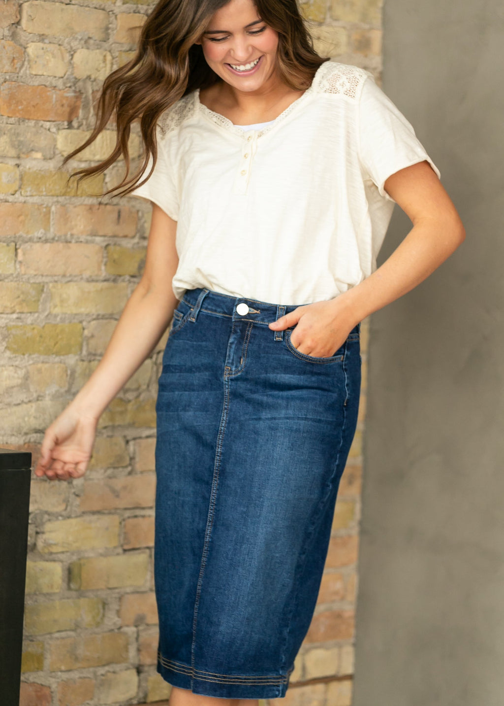 Inherit Co. Bryn Dark Wash Denim Midi Skirt — flat-lay composition