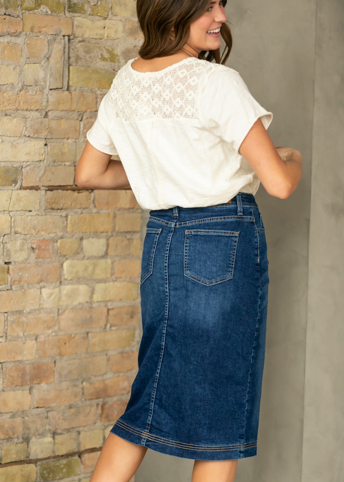 Inherit Co. Bryn Dark Wash Denim Midi Skirt — product on model