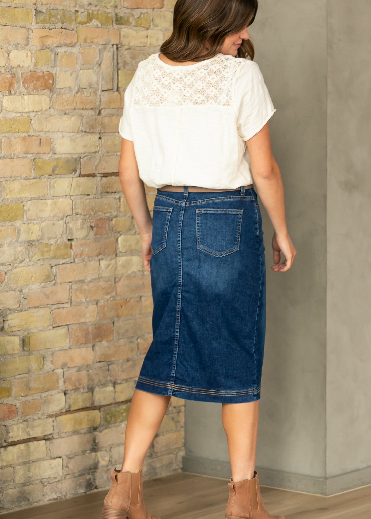 Inherit Co. Bryn Dark Wash Denim Midi Skirt — fabric or material detail