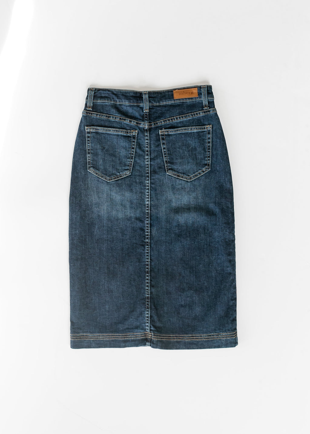 Inherit Co. Bryn Dark Wash Denim Midi Skirt — in-use photo