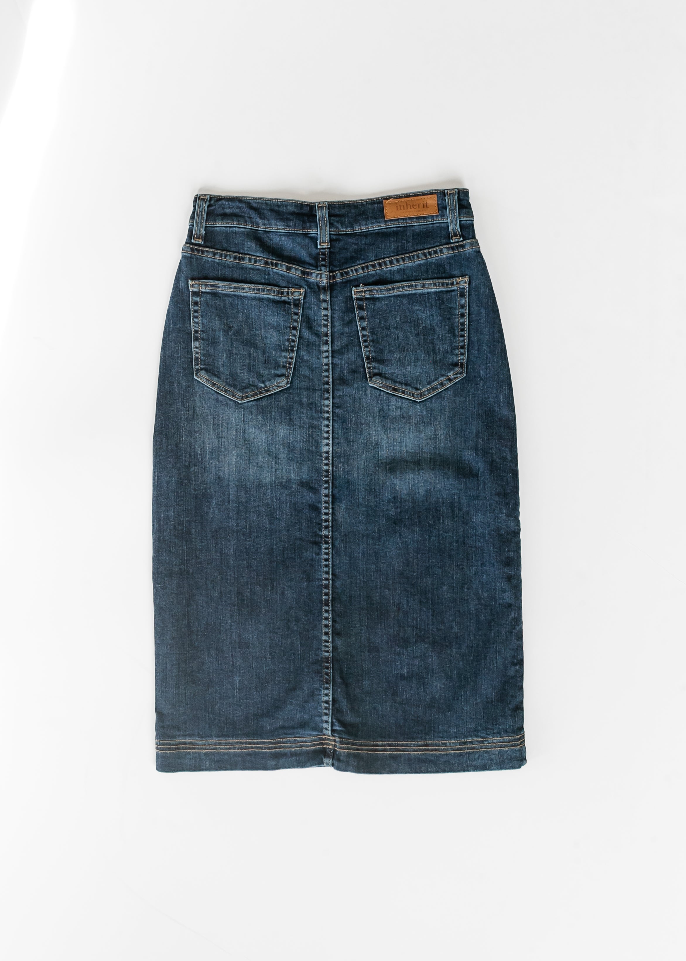 Inherit Co. Bryn Dark Wash Denim Midi Skirt — in-use photo