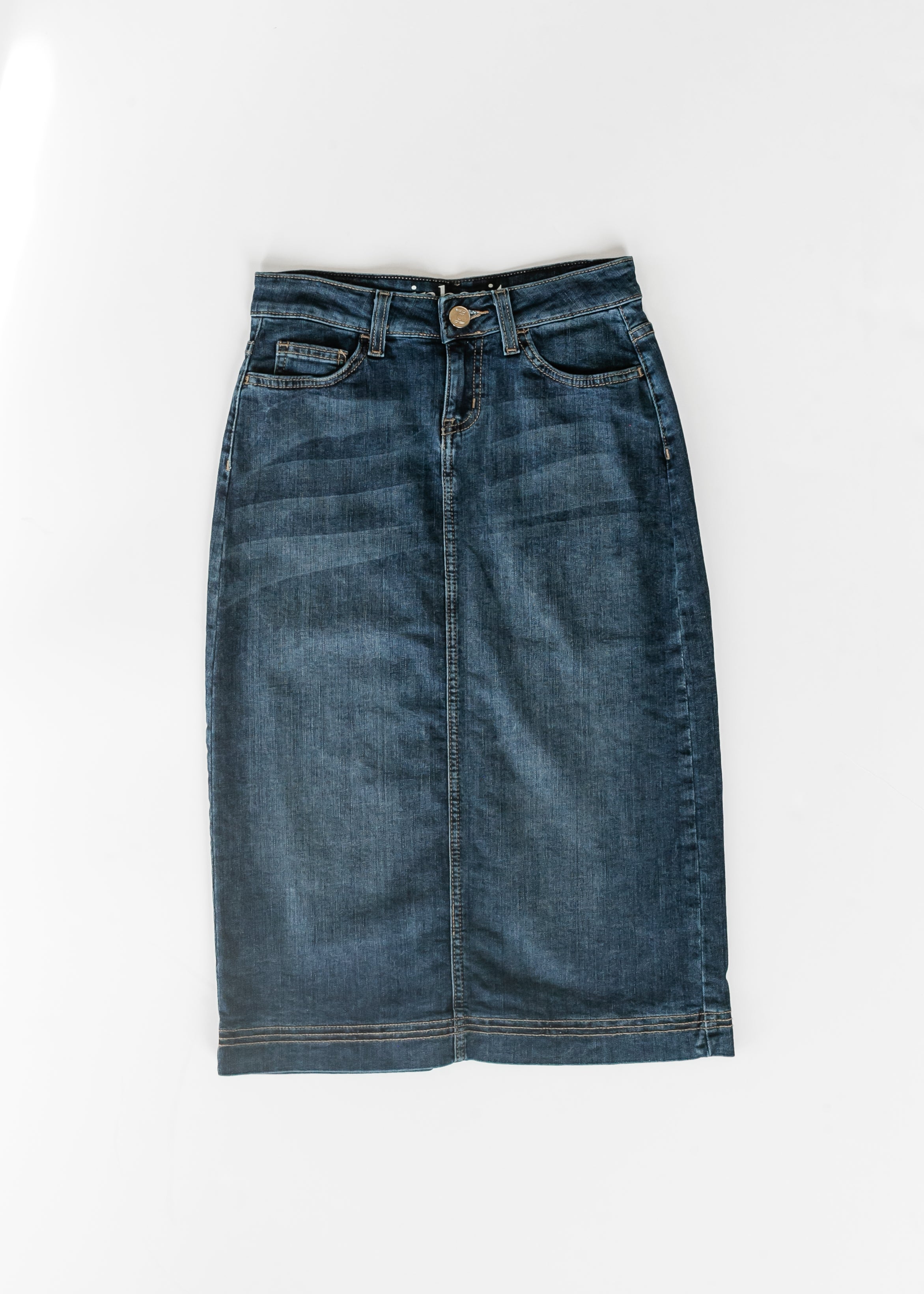 Inherit Co. Bryn Dark Wash Denim Midi Skirt — back view