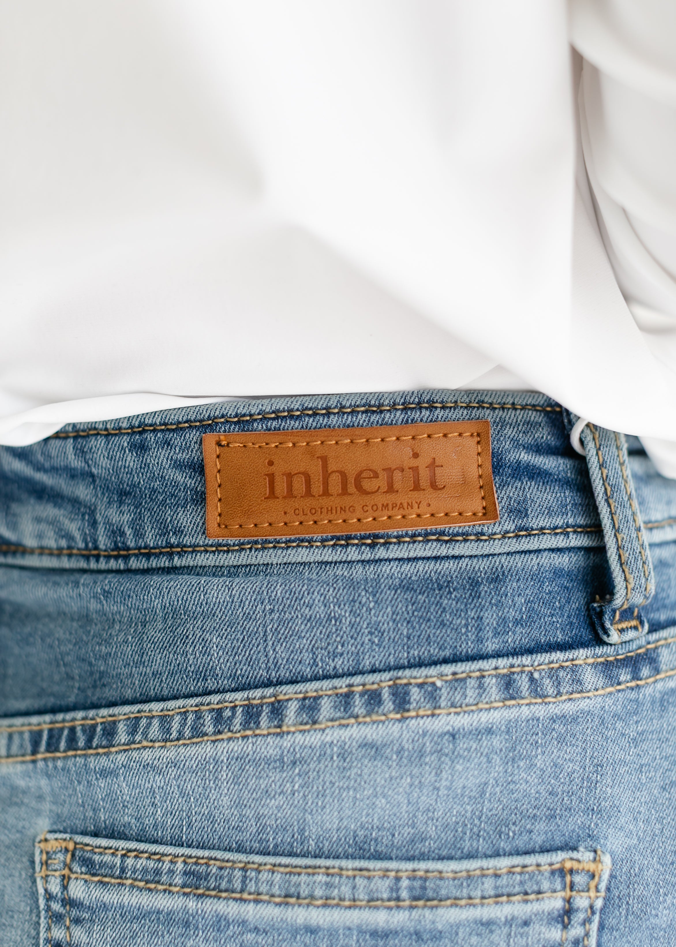 Inherit Co. Bryn Light Wash Denim Midi Skirt — color detail