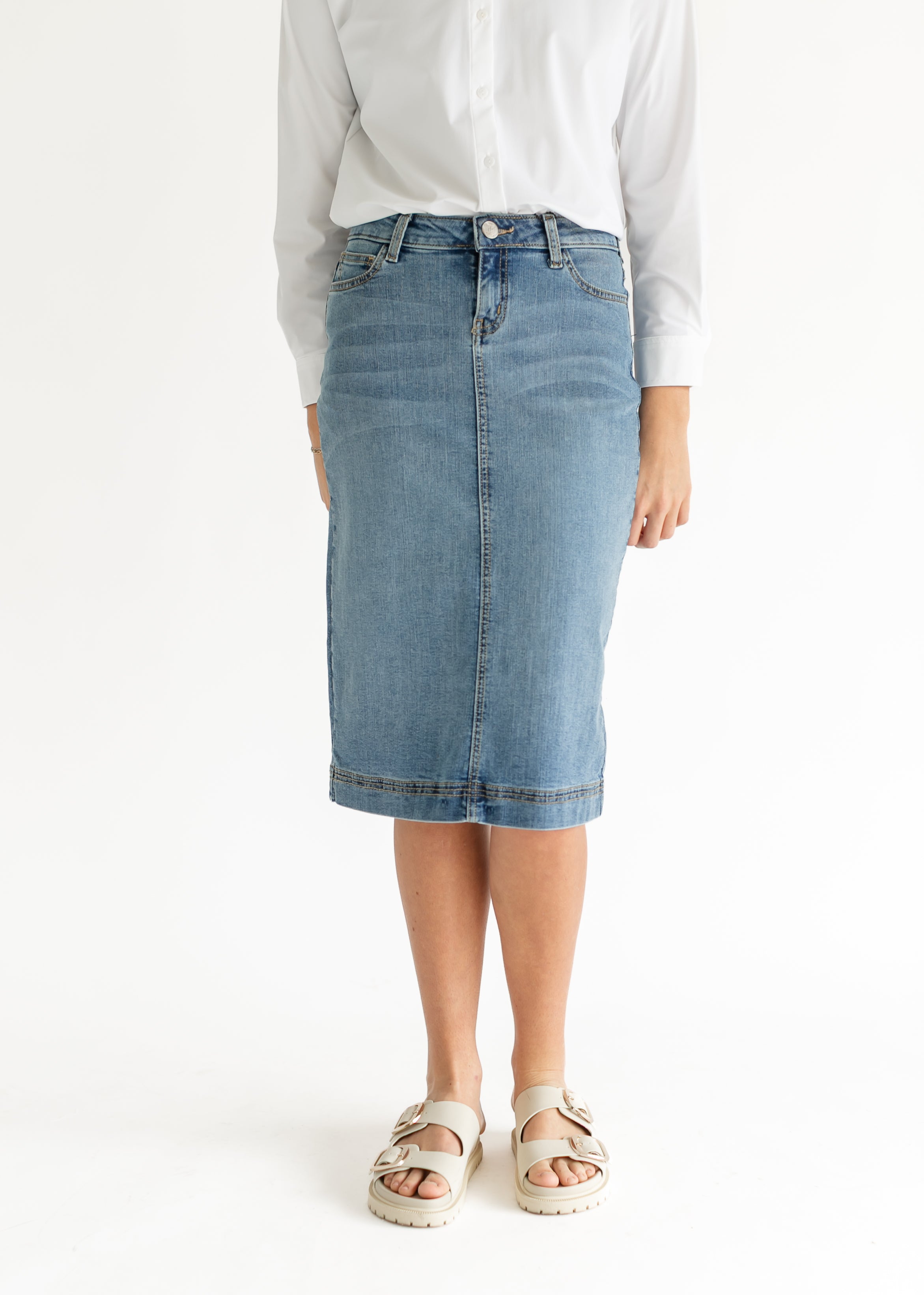 Inherit Co. Bryn Light Wash Denim Midi Skirt — side view