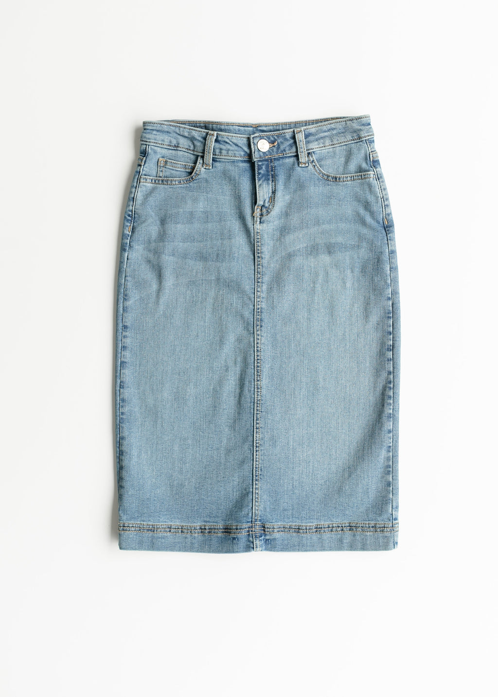 Inherit Co. Bryn Light Wash Denim Midi Skirt — fabric or material detail