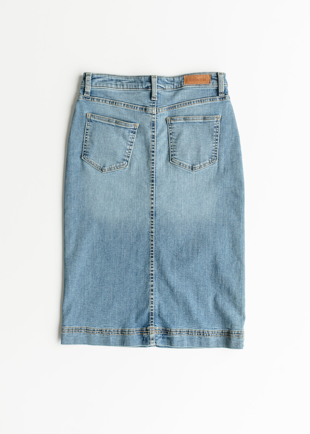 Inherit Co. Bryn Light Wash Denim Midi Skirt — feature highlight